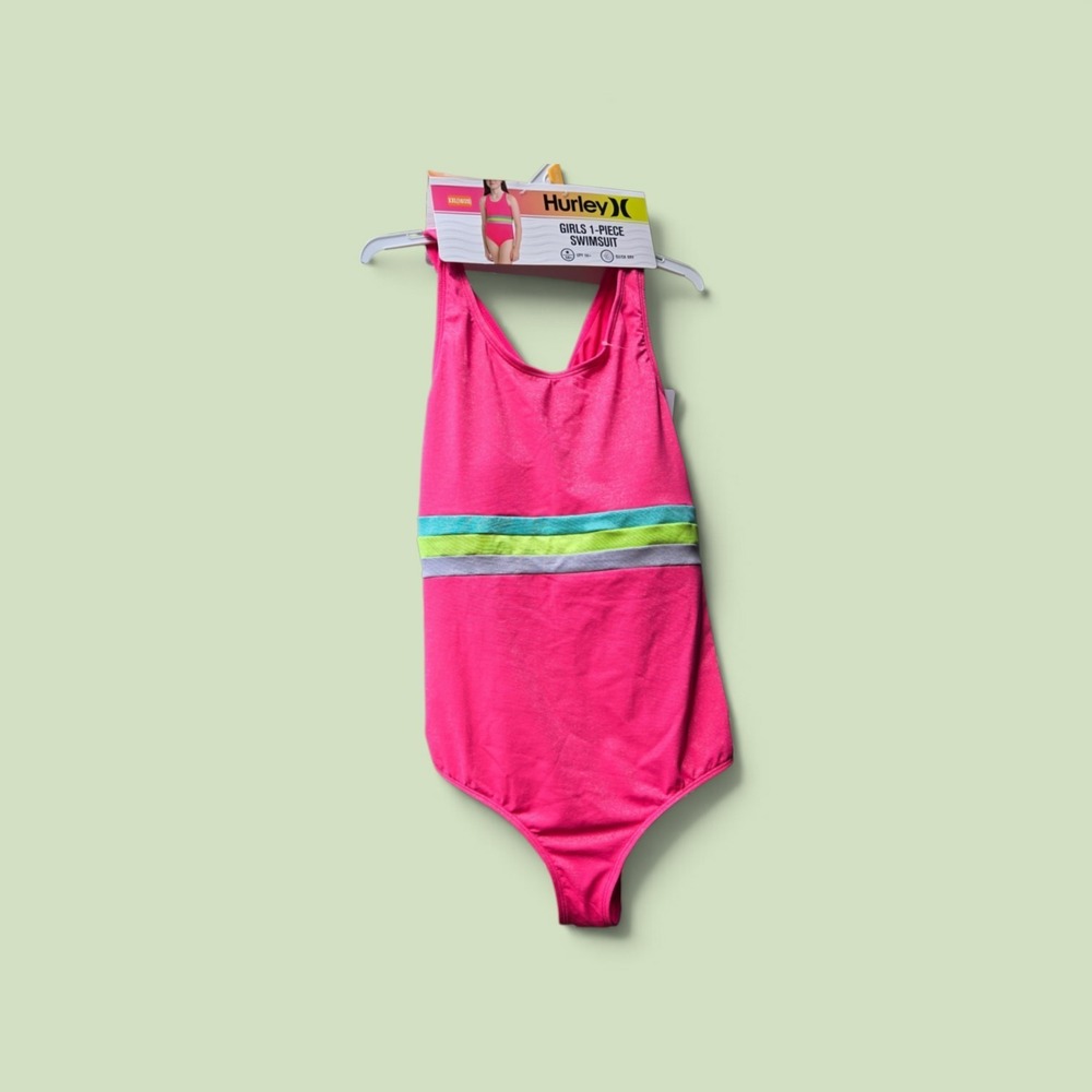 NWT Hurley Girls Pink 1-Piece Swimsuit UPF 50+ Quick Dry Crossback Sz XXL 18/20
